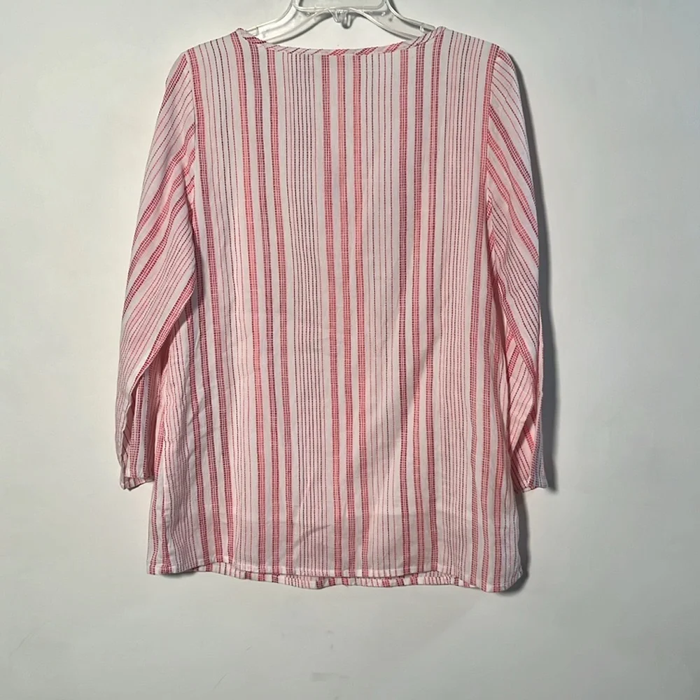 SOFT SURROUNDINGS Coastal Cottage Striped Embroidered Floral Tassel Tie Blouse M - Picture 2 of 16